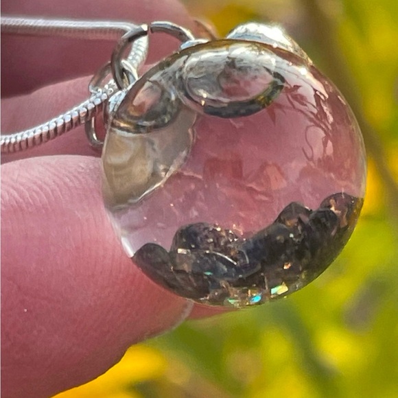 Handcrafted Floating Black Opal Pendant With Silver Chain Necklace - Picture 2 of 3